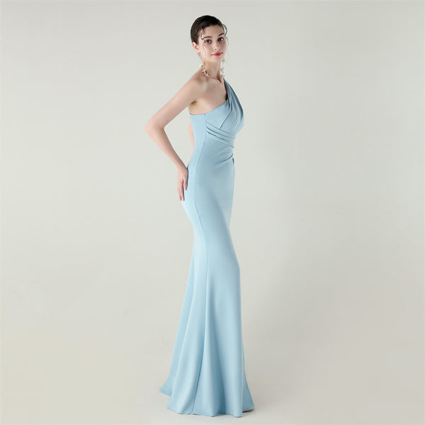 One-Shoulder Satin Mermaid Gown with Pleating & High Slit