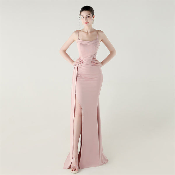 Satin Mermaid Gown with Slit, Spaghetti Straps & Draped Detail