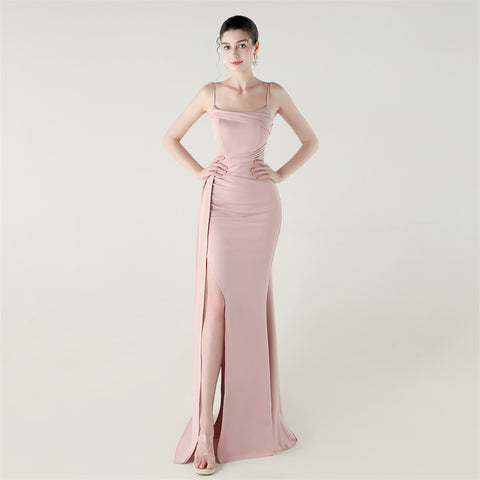 Satin Mermaid Gown with Slit, Spaghetti Straps & Draped Detail