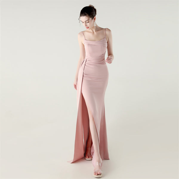 Satin Mermaid Gown with Slit, Spaghetti Straps & Draped Detail
