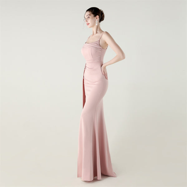Satin Mermaid Gown with Slit, Spaghetti Straps & Draped Detail