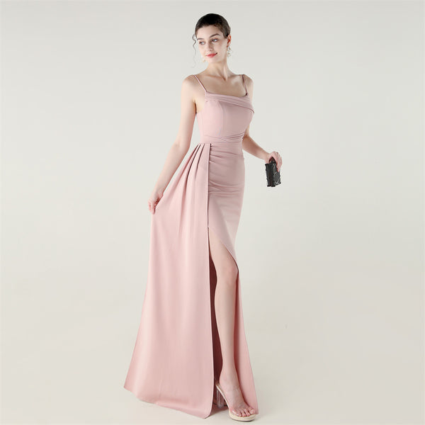 Satin Mermaid Gown with Slit, Spaghetti Straps & Draped Detail