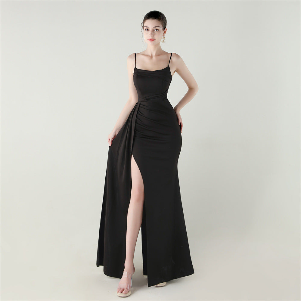 Satin Mermaid Gown with Slit, Spaghetti Straps & Draped Detail