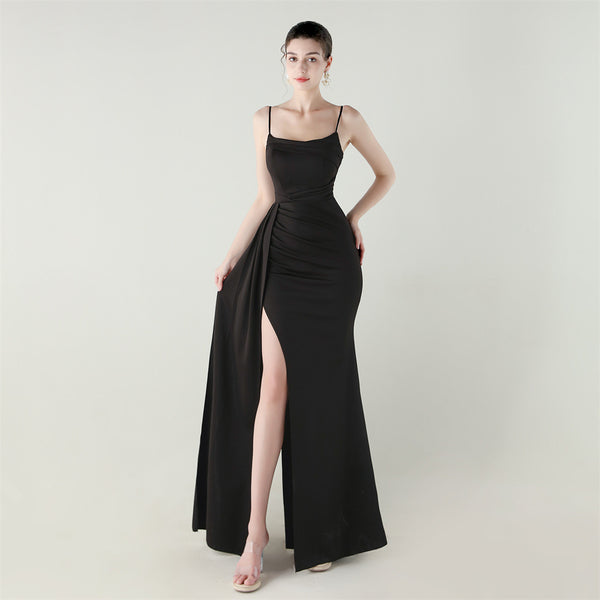 Satin Mermaid Gown with Slit, Spaghetti Straps & Draped Detail