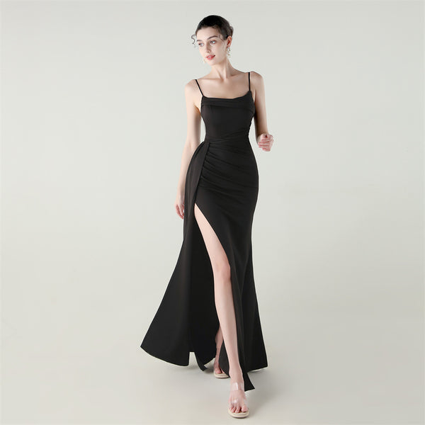 Satin Mermaid Gown with Slit, Spaghetti Straps & Draped Detail