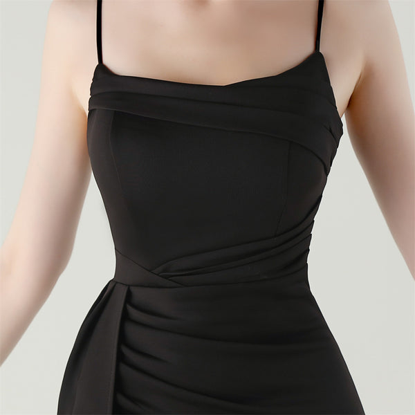 Satin Mermaid Gown with Slit, Spaghetti Straps & Draped Detail