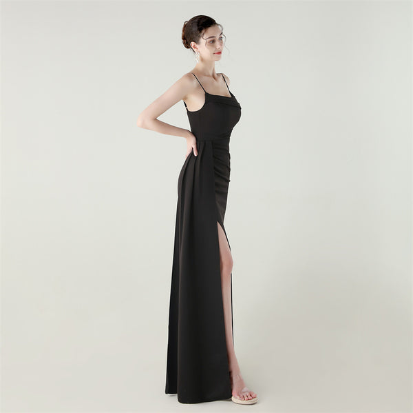 Satin Mermaid Gown with Slit, Spaghetti Straps & Draped Detail