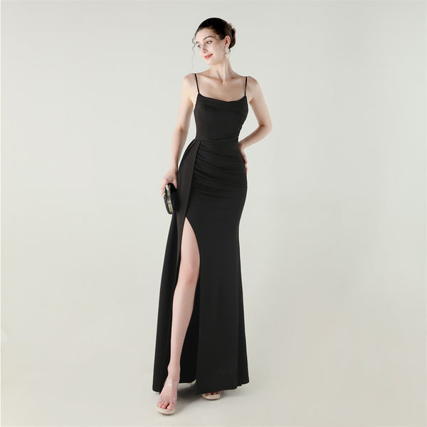 Satin Mermaid Gown with Slit, Spaghetti Straps & Draped Detail