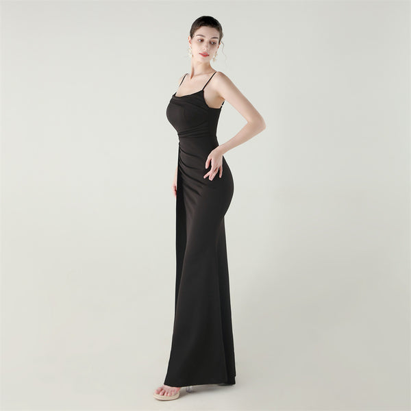 Satin Mermaid Gown with Slit, Spaghetti Straps & Draped Detail