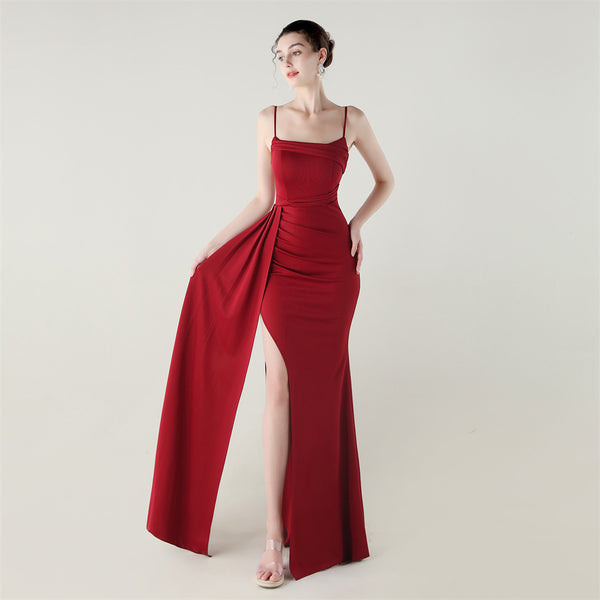 Satin Mermaid Gown with Slit, Spaghetti Straps & Draped Detail