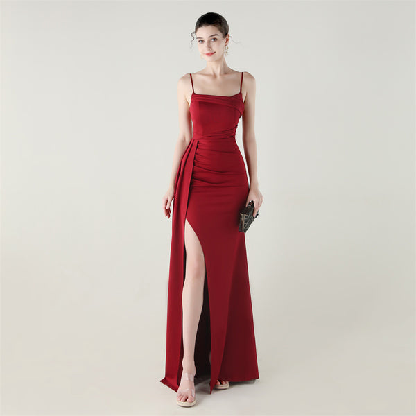 Satin Mermaid Gown with Slit, Spaghetti Straps & Draped Detail
