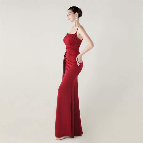 Satin Mermaid Gown with Slit, Spaghetti Straps & Draped Detail