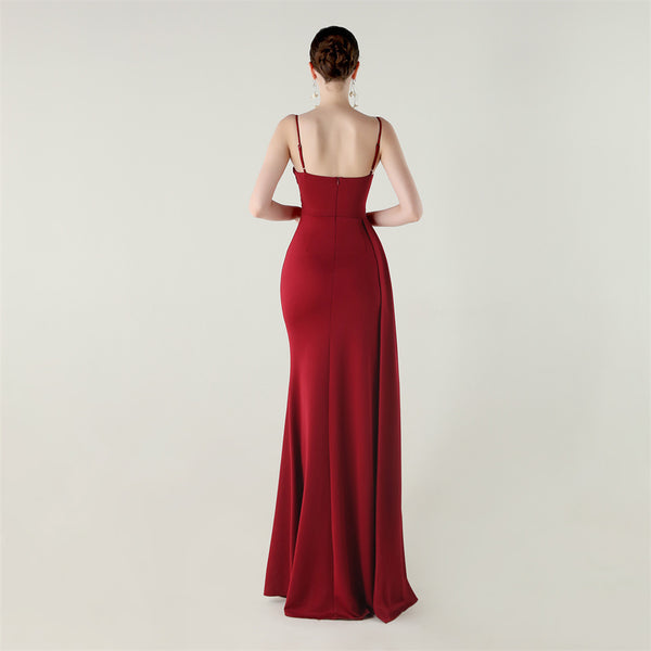 Satin Mermaid Gown with Slit, Spaghetti Straps & Draped Detail