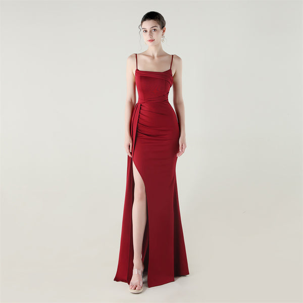 Satin Mermaid Gown with Slit, Spaghetti Straps & Draped Detail