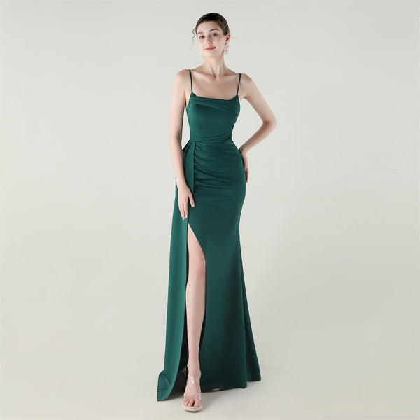 Satin Mermaid Gown with Slit, Spaghetti Straps & Draped Detail