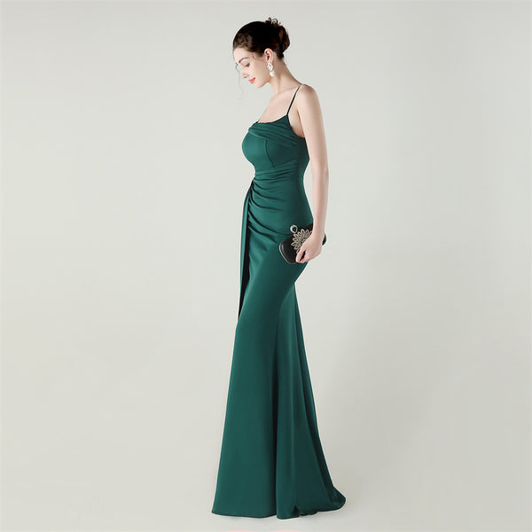 Satin Mermaid Gown with Slit, Spaghetti Straps & Draped Detail