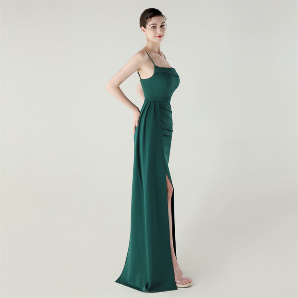 Satin Mermaid Gown with Slit, Spaghetti Straps & Draped Detail