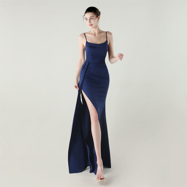 Satin Mermaid Gown with Slit, Spaghetti Straps & Draped Detail