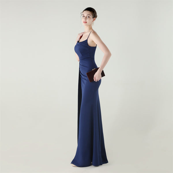 Satin Mermaid Gown with Slit, Spaghetti Straps & Draped Detail