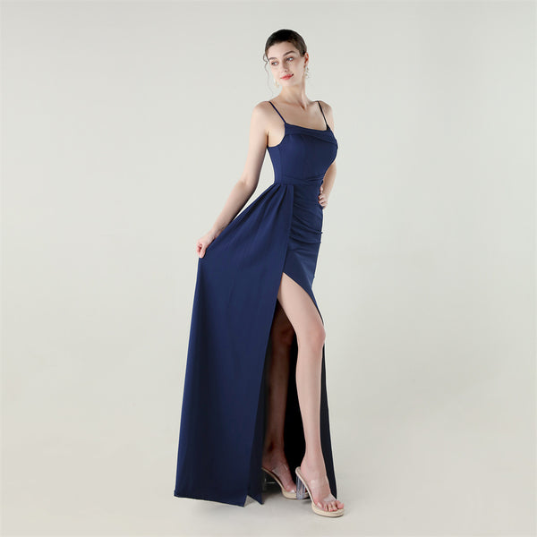 Satin Mermaid Gown with Slit, Spaghetti Straps & Draped Detail