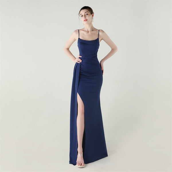 Satin Mermaid Gown with Slit, Spaghetti Straps & Draped Detail