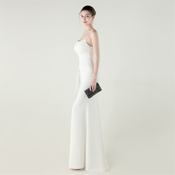 Satin Mermaid Gown with Slit, Spaghetti Straps & Draped Detail