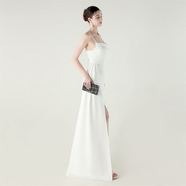 Satin Mermaid Gown with Slit, Spaghetti Straps & Draped Detail