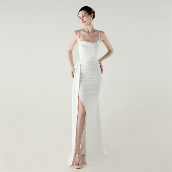 Satin Mermaid Gown with Slit, Spaghetti Straps & Draped Detail