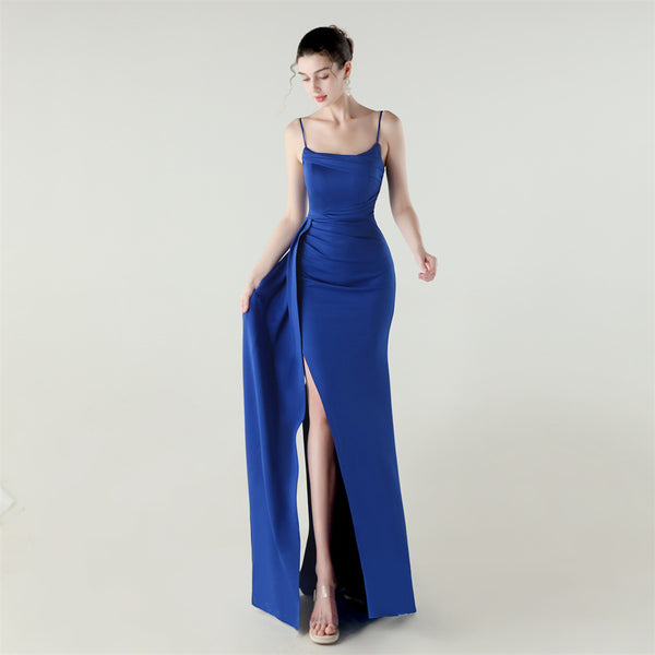 Satin Mermaid Gown with Slit, Spaghetti Straps & Draped Detail