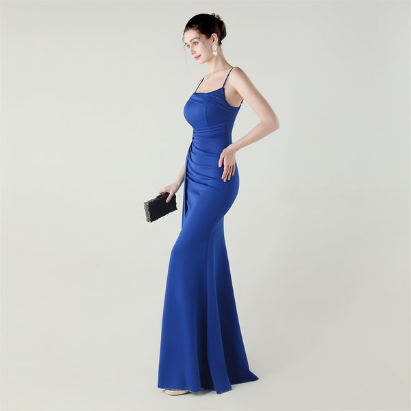 Satin Mermaid Gown with Slit, Spaghetti Straps & Draped Detail