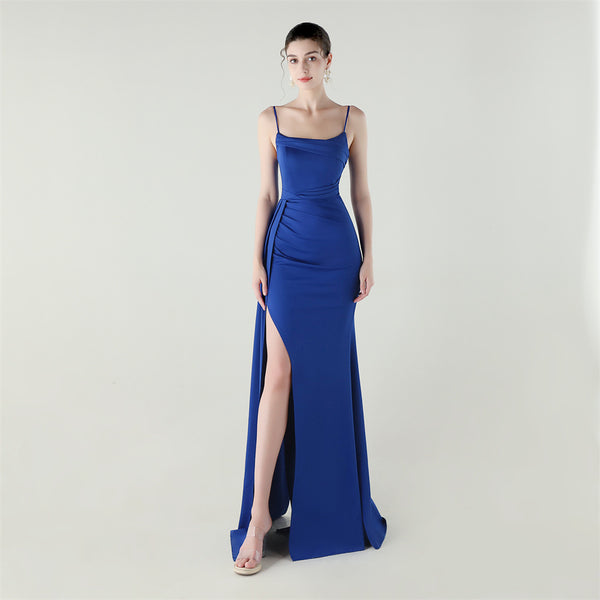 Satin Mermaid Gown with Slit, Spaghetti Straps & Draped Detail