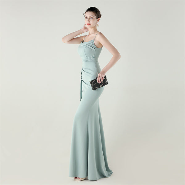 Satin Mermaid Gown with Slit, Spaghetti Straps & Draped Detail