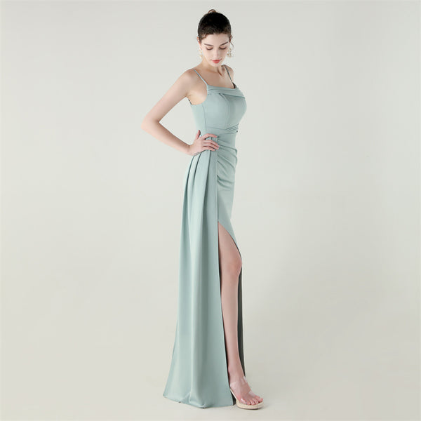 Satin Mermaid Gown with Slit, Spaghetti Straps & Draped Detail