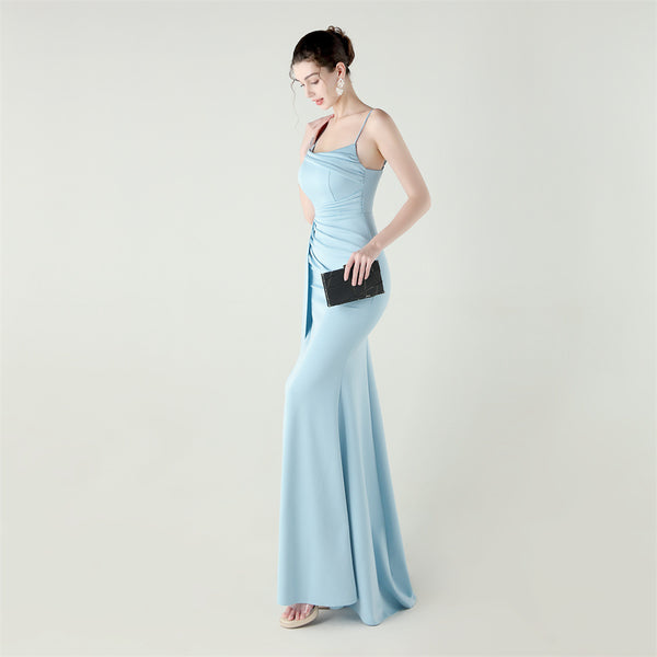 Satin Mermaid Gown with Slit, Spaghetti Straps & Draped Detail
