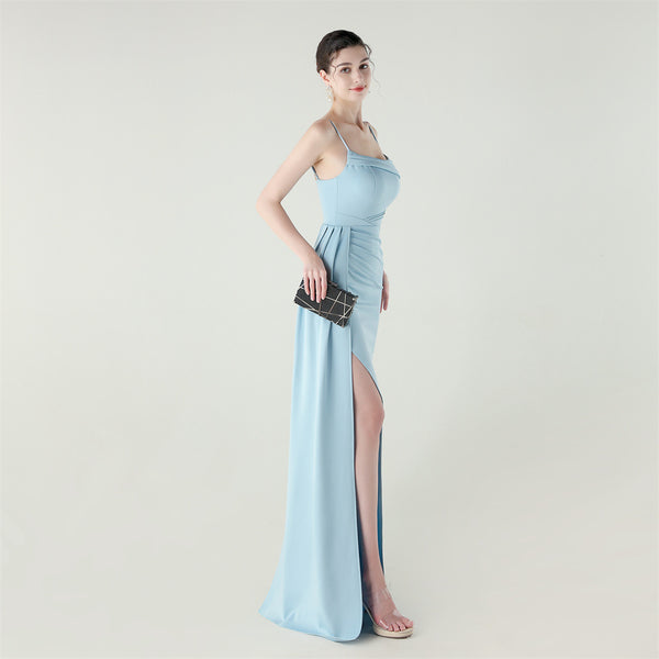 Satin Mermaid Gown with Slit, Spaghetti Straps & Draped Detail
