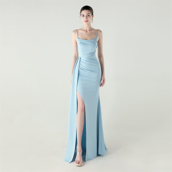 Satin Mermaid Gown with Slit, Spaghetti Straps & Draped Detail