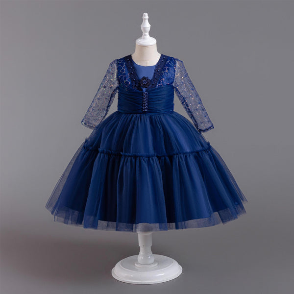 Pleated Long-Sleeve Tulle Princess Dress for Girls