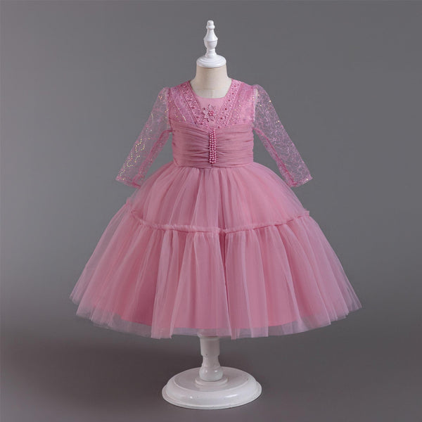 Pleated Long-Sleeve Tulle Princess Dress for Girls