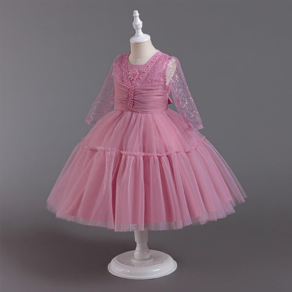 Pleated Long-Sleeve Tulle Princess Dress for Girls