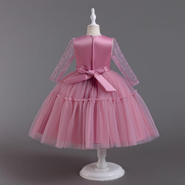 Pleated Long-Sleeve Tulle Princess Dress for Girls