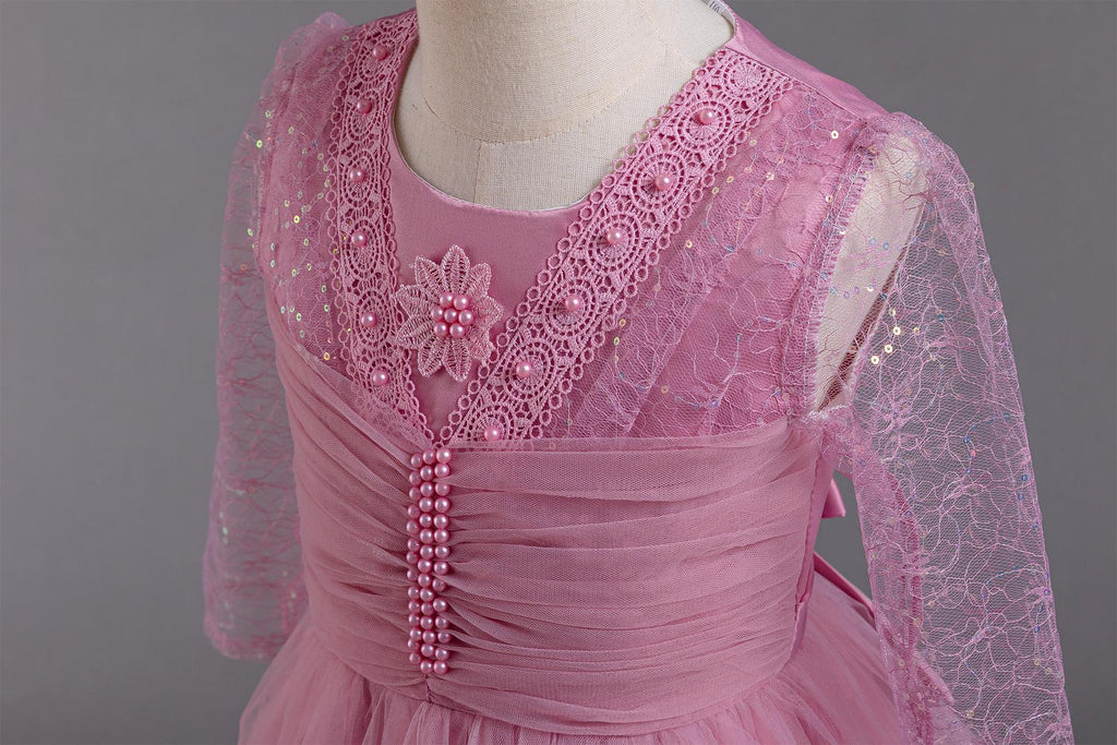 Dlouhé rukávy s plisovanou tylovou princeznovskou šaty pro dívky