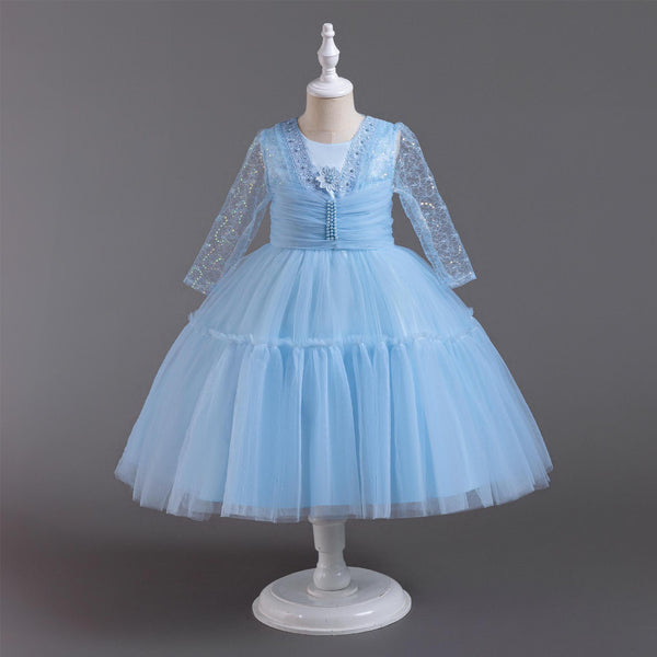 Pleated Long-Sleeve Tulle Princess Dress for Girls