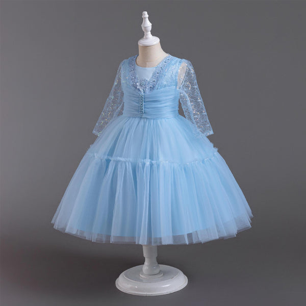 Pleated Long-Sleeve Tulle Princess Dress for Girls