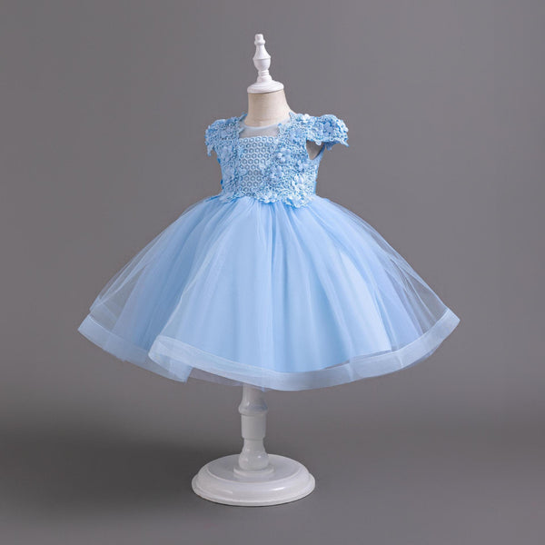 Summer Girls' Mid-Length Princess Tulle Dress with Flutter Sleeves