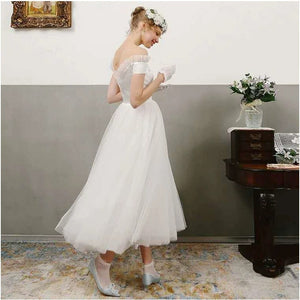 White Off-Shoulder Wedding Dress – Outdoor/Travel Engagement Gown for Brides