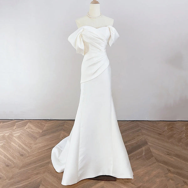 French Satin Mermaid Wedding Gown – Off-Shoulder Fit for Greeters or Exit Dress