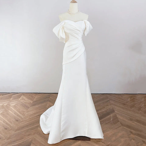 French Satin Mermaid Wedding Gown – Off-Shoulder Fit for Greeters or Exit Dress