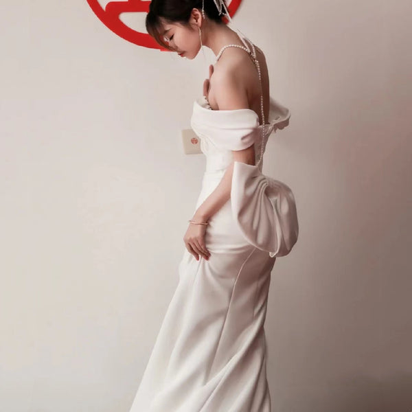 French Satin Mermaid Wedding Gown – Off-Shoulder Fit for Greeters or Exit Dress