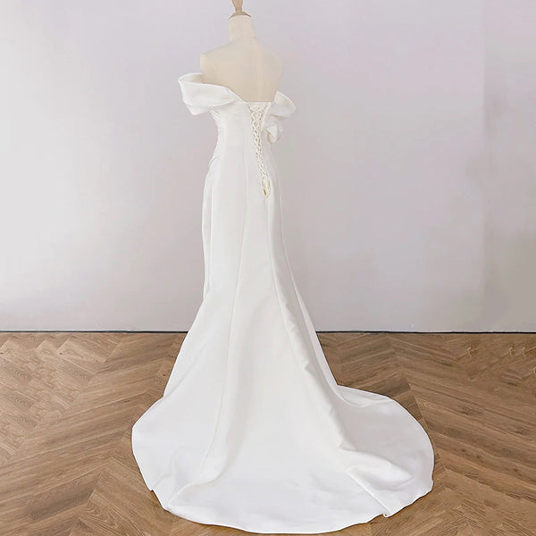 French Satin Mermaid Wedding Gown – Off-Shoulder Fit for Greeters or Exit Dress