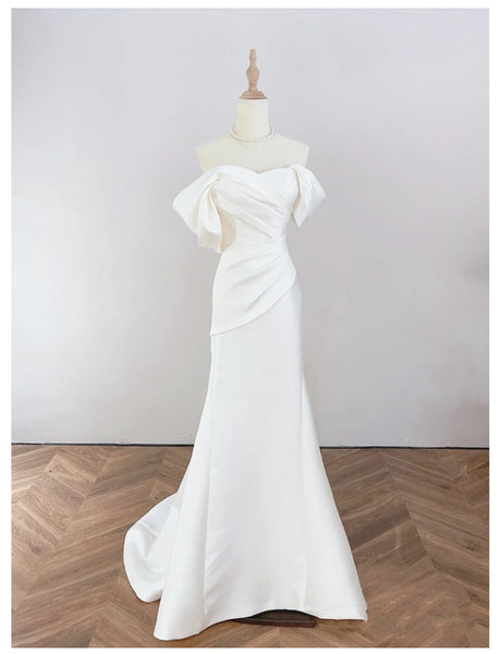 French Satin Mermaid Wedding Gown – Off-Shoulder Fit for Greeters or Exit Dress